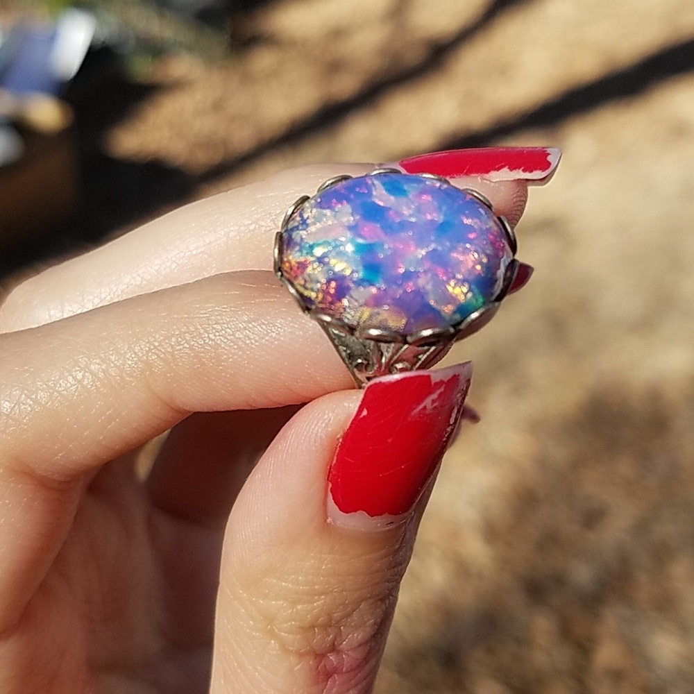 Pink and blue rainbow opal glass cabochon ring